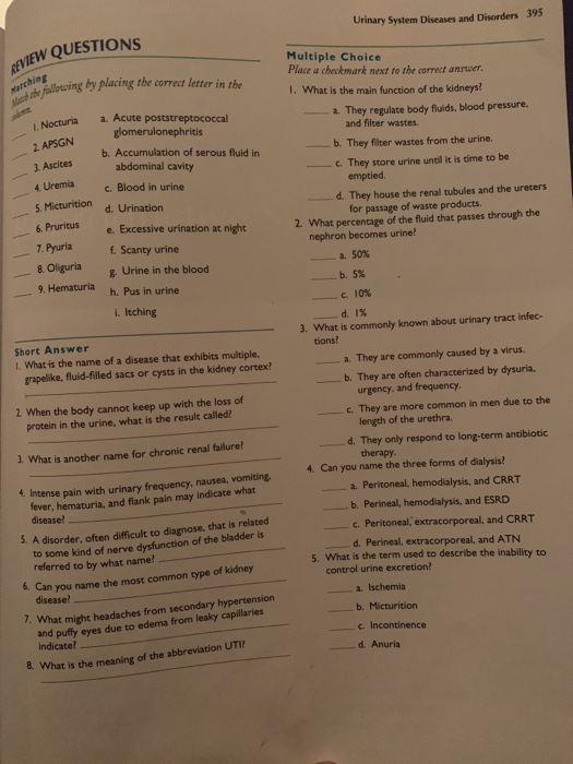 Urinary System Diseases and Disorders 395 VIEW QUESTIONS Warching following by placing the correct letter in the Multiple Cho