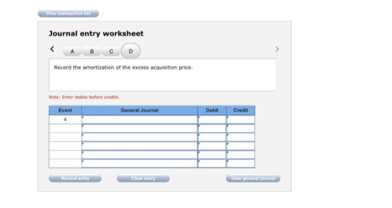 View transaction list Journal entry worksheet A B C D Record the amortization of the excess acquisition price. Note: Enter de