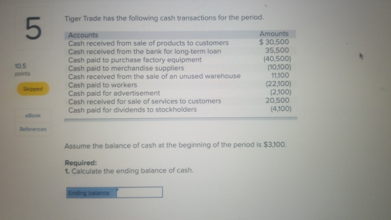 Tiger Trade has the following cash transactions for the period. 10.5 points Accounts Cash received from sale of products to c