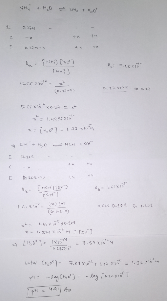 NH4 + H₂O ² NH₃ + H₂O 1 0.27M - c -a + 4x2 0.27 m -x tn tn Ra= 5.88×10 ka = [NHI] [Hot] Inho] Sorrx100x² (0.27-) 60.27 >> 0.2