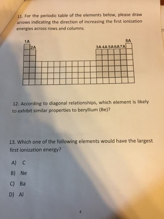 11. For the periodic table of the elements below, please draw arrows indicating the direction of increasing the first ionizat