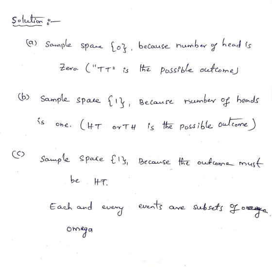 on o (a) Sample spas. {oỷ, because humber of head is ťỷ, Beare number of hends (b> Sample spau< he. (HT e vTt is the Possible oulcome C) Sounp aLe Se cauuse Each ande events a ve Sub Setl