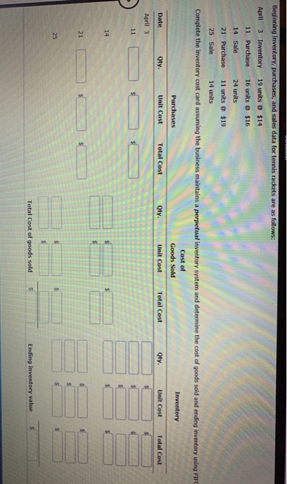 Beginning inventory, purchases, and sales data for tennis rackets are as follows: 14 Sale April 3 Inventory 19 units $14 11 P