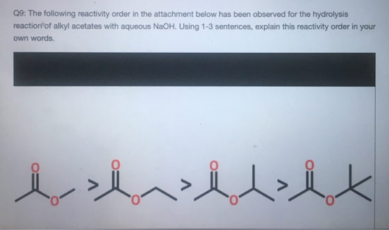 Q9: The following reactivity order in the attachment below has been observed for the hydrolysis reaction of alkyl acetates wi