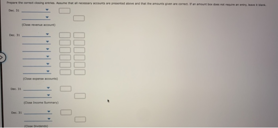 Prepare the correct closing entries. Assume that all necessary accounts are presented above and that the amounts given are co