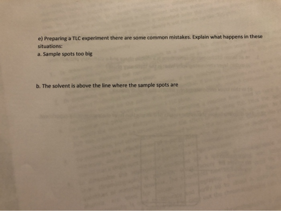 e) Preparing a TLC experiment there are some common mistakes. Explain what happens in these situations: a. Sample spots too b