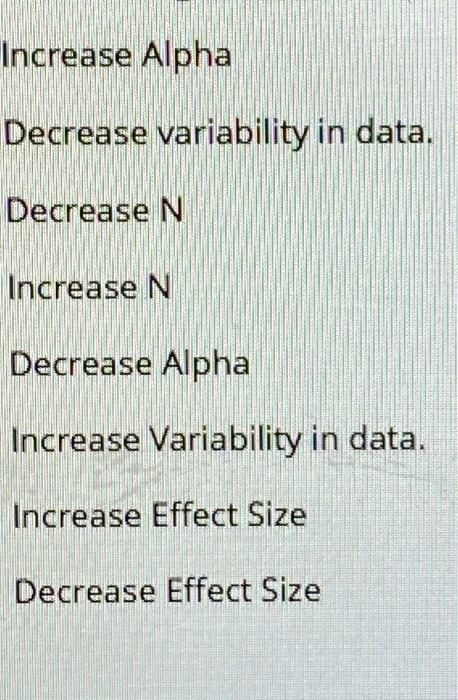Increase Alpha Decrease variability in data. Decrease N Increase N Decrease Alpha Increase Variability in data. Increase Effe