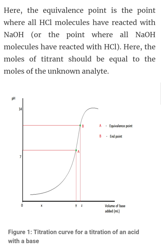 Here, the equivalence point is the point where all HCl molecules have reacted with NaOH (or the point where all NaOH molecule