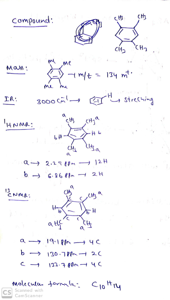 Com clty CH2 мом: Dymt = 134 mto me me 3000 ml Eh, streching m IR: HNMR: a> 2.2900m 12H - 6.86 Plan 2H IS ENmR: ch celta athe