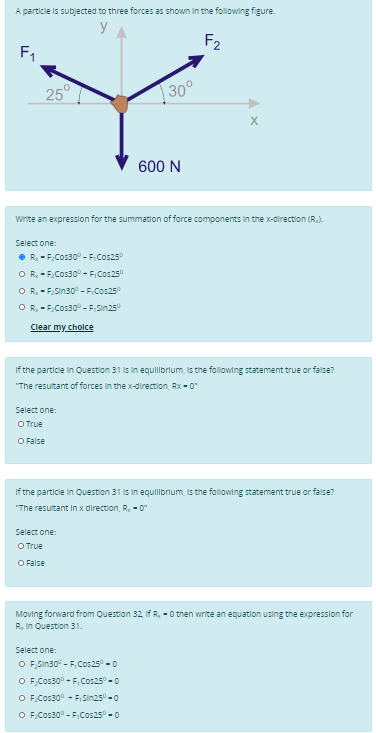 A particle is subjected to three forces as shown in the following figure. F2 F1 25 30° X 600 N Write an expression for the su