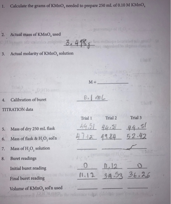 1. Calculate the grams of KMnO needed to prepare 250 mL of 0.10 M KMnO, 2. Actual mass of KMnO, used stellolí 3 3.498g bebisp