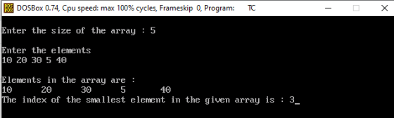 38. DOSBox 0.74, Cpu speed: max 100% cycles, Frameskip 0, Program: TC х Enter the size of the array : 5 Enter the elements 10