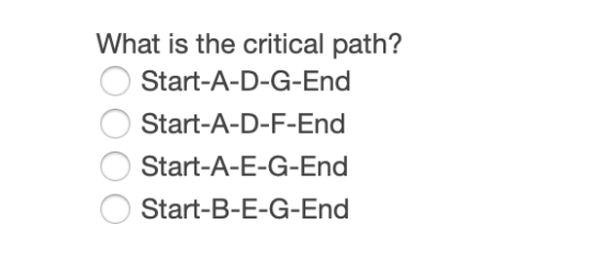 What is the critical path? Start-A-D-G-End O Start-A-D-F-End Start-A-E-G-End O Start-B-E-G-End