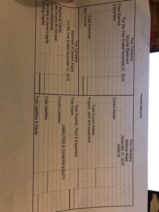 Financial Statements Your Company Income Statement For the Year Ended December 31, 2015 Fees Earned Expenses Your Company Bal