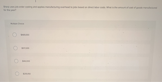 Sharp uses job-order costing and applies manufacturing overhead to jobs based on direct labor costs. What is the amount of co