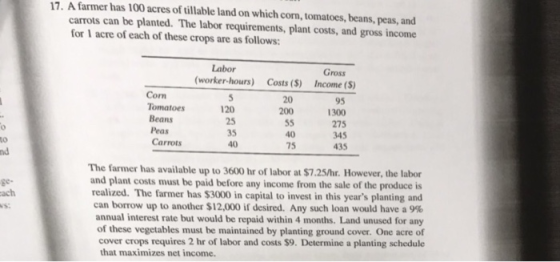 17. A farmer has 100 acres of tillable land on which corn, tomatoes, beans, peas, and carrots can be planted. The labor requirements, plant costs, and gross income for I acre of each of these crops are as follows: Labor Gross (worker-hours) Costs (S) Income (S) Corn 95 1300 275 345 435 20 200 Tomatoes Beans Peas Carrots 120 25 35 40 75 nd The farmer has available up to 3600 hr of labor at $7.25/hr. However, the labor and plant costs must be paid before any income from the sale of the produce is realized. The farmer has $3000 in capital to invest in this years planting and can borrow up to another $12,000 if desired. Any such loan would have a 9% annual interest rate but would be repaid within 4 months. Land unused for any of these vegetables must be maintained by planting ground cover. One acre of cover crops requires 2 hr of labor and costs $9. Determine a planting schedule that maximizes net income