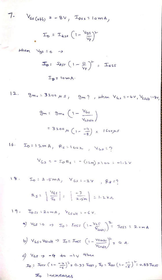 7- Vas Cott Tpss lomA, When Idss ID lomA 12. Jme- 320 S Vas- 4v, Vsea-9v when 9m ? Vas gm 9ma Vasaf 3200 A- oojA 16 Vas oRs I