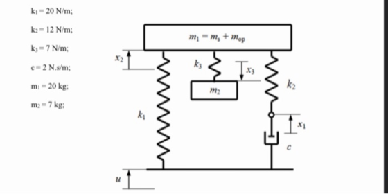 ki - 20 N/m; k2 = 12 N/m; m m = mot more = m + Mop ks = 7 N/m; c=2 N.s/m; mi - 20 kg; www Пw— m2 - 7 kg;