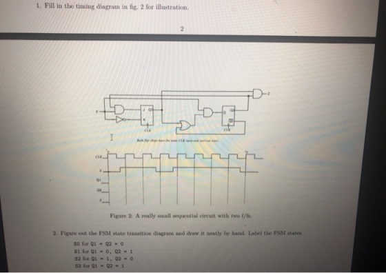 1. Fill in the timing diagram in fig. 2 for illustration, ST Figure 2: A really small sequential circuit with two f/fs. 2. Fi