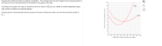 Suppose the market for beans is perfectly competitive. The average total cost and marginal cost of growing beans in the long