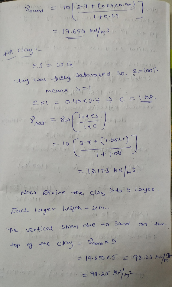 gand = 102-4+ (0.69x0.90)7 +0.69 - 19.650 kN/m3. for clay :- es = w G ot it clay was fully saturated so $2100% means salon ex