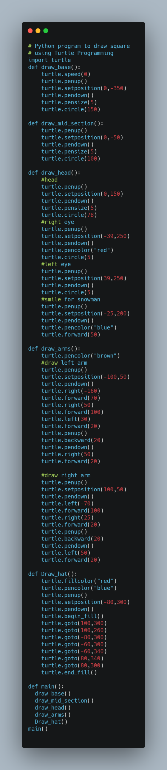 # Python program to draw square, # using Turtle Programming import turtle def draw_base(): turtle.speed (0) turtle.penup(). t