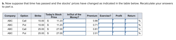 b. Now suppose that time has passed and the stocks prices have changed as indicated in the table below. Recalculate your ans