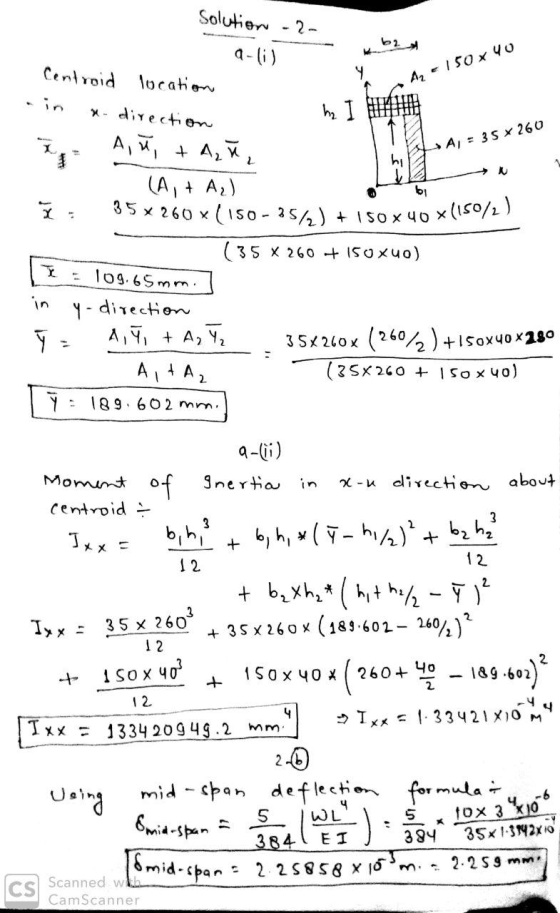 Solution -2- a-li) Centroid location a direction A, T, + A₂V, Y Az - 150 x 40 h2 A = 35 X 260 bi I (A, + A2) 35x260x (150 - 3