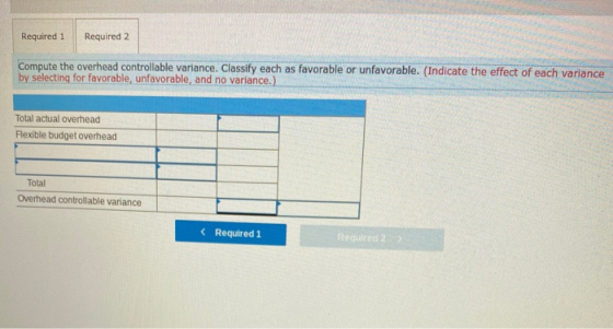 Required 1 Required 2 Compute the overhead controllable variance. Classify each as favorable or unfavorable. (Indicate the ef