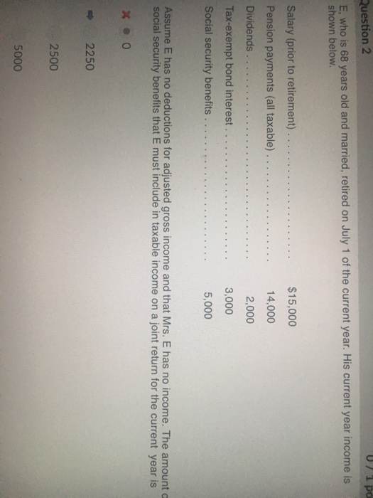 Question2 071 p E, who is 68 years old and married, retired on July 1 of the current year. His current year income is shown below Pension payments (all taxable) Dividends . ...2,000 3,000o Assume E has no deductions for adjusted gross income and that Mrs. E has no income. The amount c social security benefits that E must include in taxable income on a joint return for the current year is 2250 2500 5000
