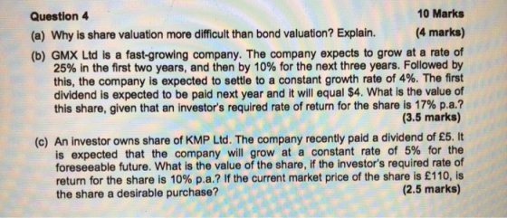Question 4 10 Marks (a) Why is share valuation more difficult than bond valuation? Explain. (4 marks) (b) GMX Ltd is a fast-g