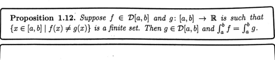 Proposition 1.12. Suppose f Da, 히 and g: [a,히 → R is such that {x e [a,01 f(x)メg(x)} is a finite set. Then g e D[a, 히 and J =