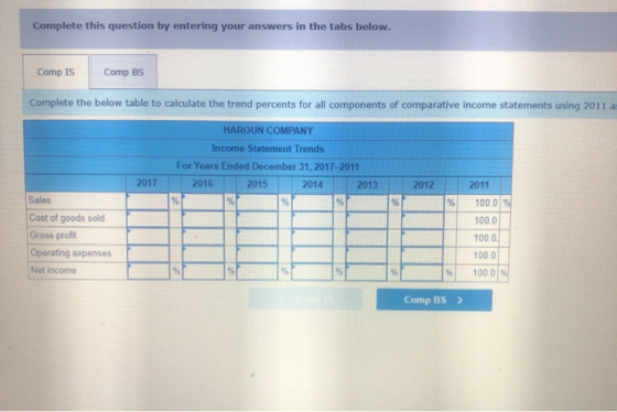 Complete this question by entering your answers in the tabs below. Comp IS Comp BS Complete the below table to calculate the