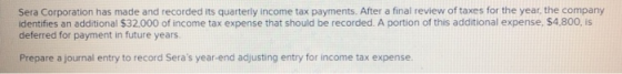 Sera Corporation has made and recorded its quarterly income tax payments. After a final review of taxes for the year, the com