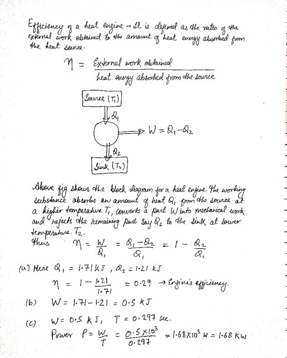 Efficiency ga heat engine - It is detened as the ratio is the external work obstained to the amount of heat energy absorbed f