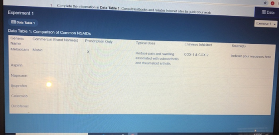 1 Complete the information in Data Table 1 Consultbooks and reliable Internet sites to guide your work Data Experiment 1 Exer