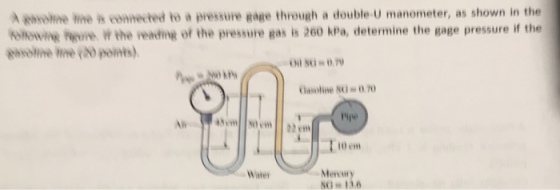 A enotne time connected to a pressure gage through a double U manometer, as shown in the ie w the reading of the pressure gas is 260 kPa, determine the gage pressure if the esotme me(0points). 0 8 0.7 Gasoline 80.70 Ppe 10 em Wate Merct SO 136
