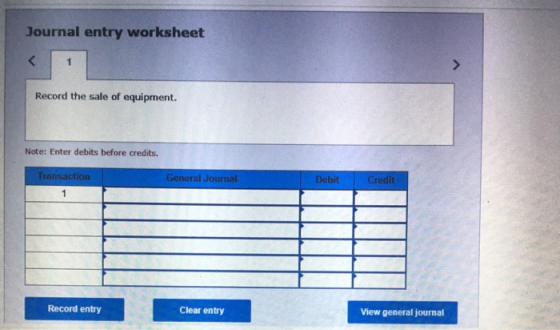 Journal entry worksheet < Record the sale of equipment. Note: Enter debits before credits. Transaction General Journal Credit