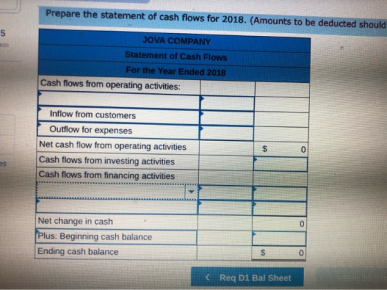 Prepare the statement of cash flows for 2018. (Amounts to be deducted should JOVA COMPANY Statement of Cash Flows For the Yea