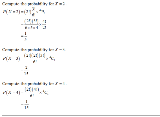 Compute the probability for X =2. P(X=2)=(2! ***P} - (2!)(3!), 4! 6x5x4 2! Compute the probability for X = 3. P(X =3)– (2!)(2