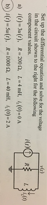 v(t) Set up the differential equation and solve for the voltage in the circuit shown to the right for the following component values. a) i(t)-3x(t), b)i(t)-Su(t), R-200 Ω, L-4nH, i1(0)-0A R-1000 Ω, L-40 ml, iL(0)-2A