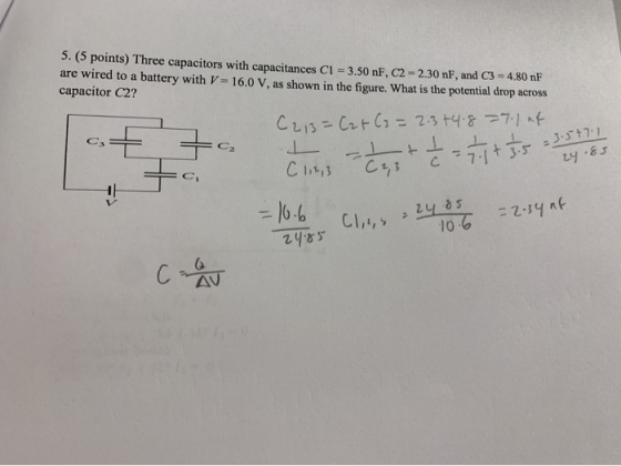 5. (5 points) Three capacitors with capacitances C1 = 3.50 nF, C2 = 2.30 nF, and C3 = 4.80 nF are wired to a battery with V-1