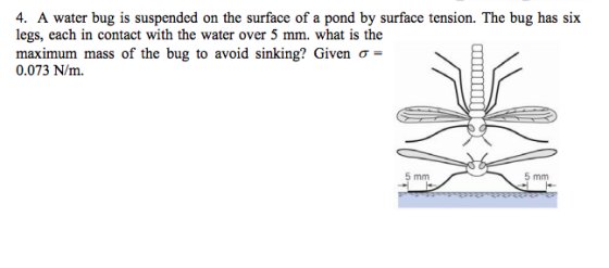 4. A water bug is suspended on the surface of a pond by surface tension. The bug has six legs, each in contact with the water over 5 mm. what is the maximum mass of the bug to avoid sinking? Given σ= 0.073 N/m 5 mm 5 mm