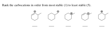 Rank the carbocations in order from most stable (I) to least stable (5). momeð