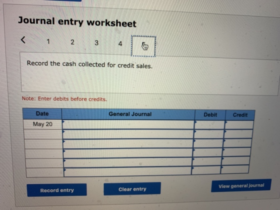 Journal entry worksheet < 1 2 3 Record the cash collected for credit sales. Note: Enter debits before credits. Date General J