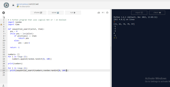 ganonymous/untitled input clear run share save Python 3.6.1 (default, Dec 2015, 13:05:11) [GCC 4.8.2] on linux # A Python pro