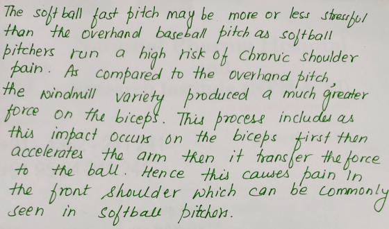 The soft ball fast pitch may be more or less stressful than the overhand baseball pitch as softball pitchers run a high risk