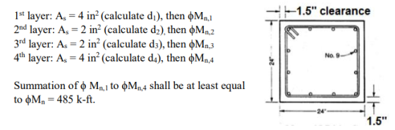 -1-1.5 clearance 1st layer: As = 4 in? (calculate di), then Mn,1 2nd layer: As = 2 in? (calculate d2), then M1,2 3rd layer: