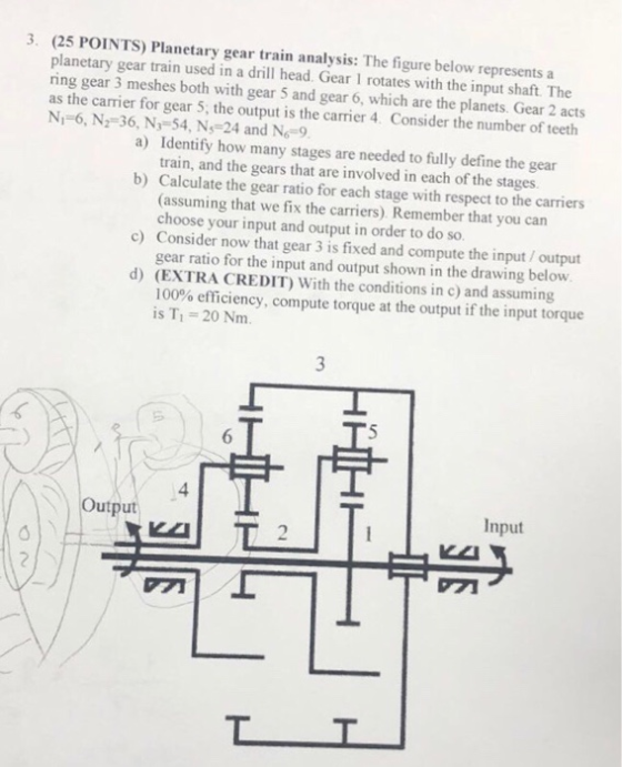 3. (25 POINTS) Planetary gear train analysis: The figure below representsa planetary gear train used in a drill head. Gear 1 rotates with the input shaft. The ring gear 3 meshes both with gear 5 and gear 6, which are the planets. Gear 2 acts as the carrier for gear 5, the output is the carrier 4 Consider the number of teeth Ni-6, N2 36, N-54, N-24 and No-9 a) Identify how many stages are needed to fully define the gear b) Calculate the gear ratio for each stage with respect to the carriers c) Consider now that gear 3 is fixed and compute the input / output d) (EXTRA CREDIT) With the conditions in c) and assuming train, and the gears that are involved in each of the stages (assuming that we fix the carriers) Remember that you can choose your input and output in order to do so. gear ratio for the input and output shown in the drawing below 100% efficiency, compute torque at the output if the input torque is T- 20 Nm. 3 6 4 Output Input ГЛ