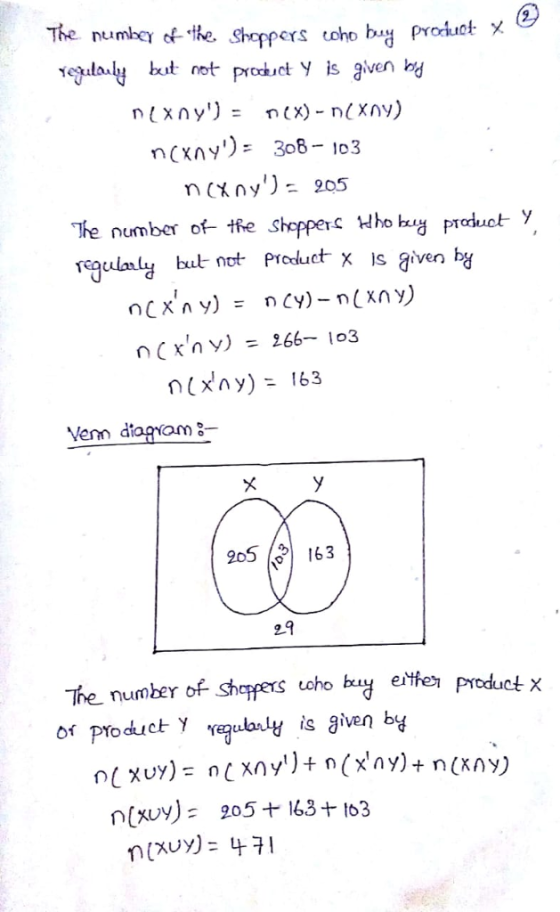 The numbey of ihe. oulaLy but not product y is given by Shoppers cohob product X ncxny) 308-103 The number of the Shopperc Hho u product Y rcgculanly bul not Preduet x is aven hy n(xny)- 163 Venn diagram 8 205 /163 29 The number o shoppers toho buy eitfe, prodct x or Product vegualy is given by